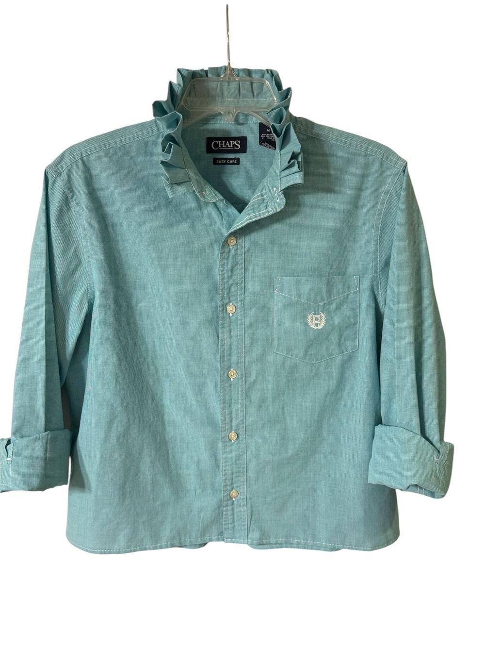 Chaps Solid Sea Green Ruffle Collar Up Cycled Shirt